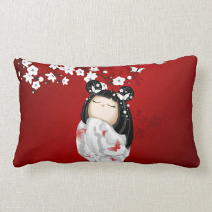 Kokeshi Doll Red Black White Cherry Blommars Lumbarkudde