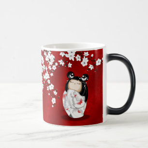 Kokeshi Doll Red Black White Cherry Blommars Magisk Mugg