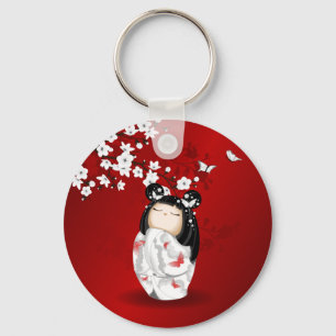 Kokeshi Doll Red Black White Cherry Blommars Nyckelring