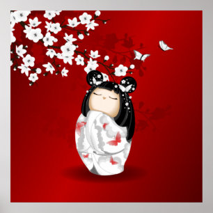 Kokeshi Doll Red Black White Cherry Blommars Poster