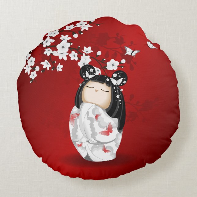 Kokeshi Doll Red Black White Cherry Blommars Rund Kudde (Baksidan)