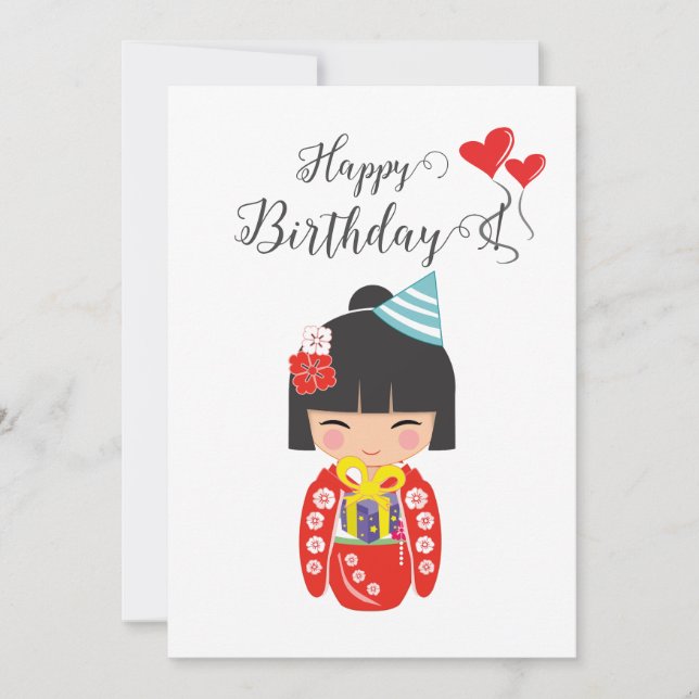 Kokeshi Doll Red Grattis på födelsedagen Card Julkort (Framsida)