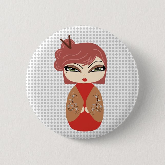 Kokeshi Doll Red Standard, 2,4-tums Round Button Knapp (Framsida)