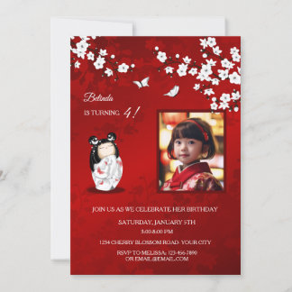 Kokeshi Doll Red White | `Photo Girl's Birthday Inbjudningar