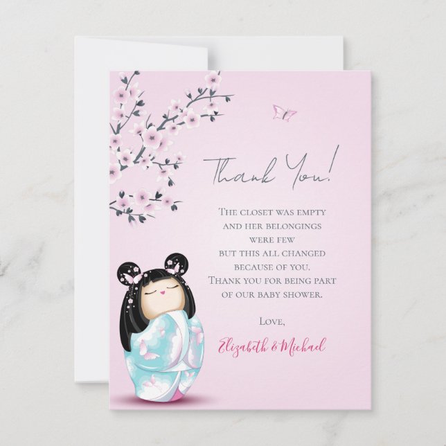 Kokeshi Doll Rosa Girl Baby Shower Tack Kort (Framsida)