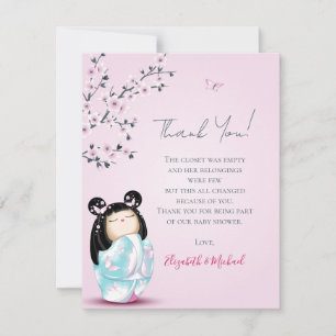 Kokeshi Doll Rosa Girl Baby Shower Tack Kort