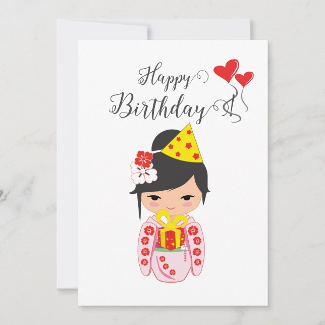 Kokeshi Doll Rosa Grattis på födelsedagen Card Julkort (Framsida)