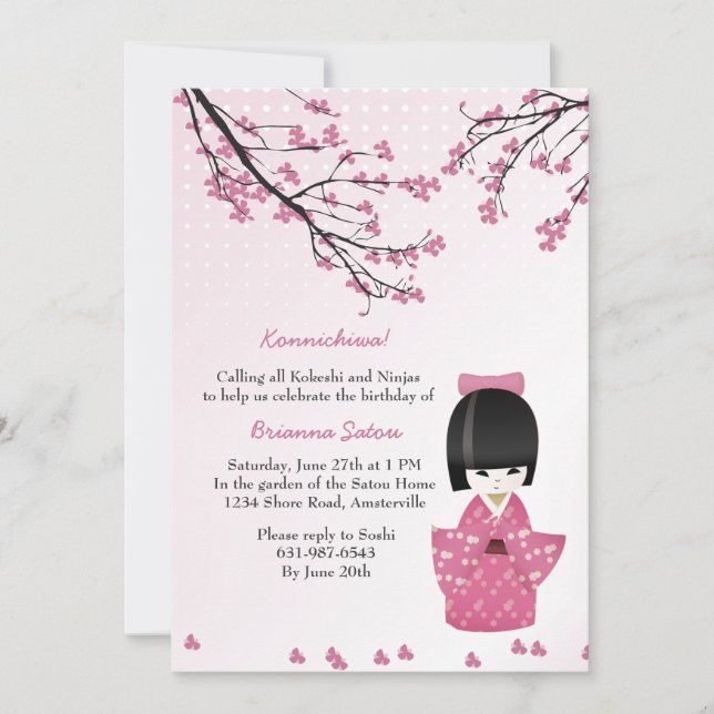 Kokeshi Doll Rosa Inbjudningar (Framsida)