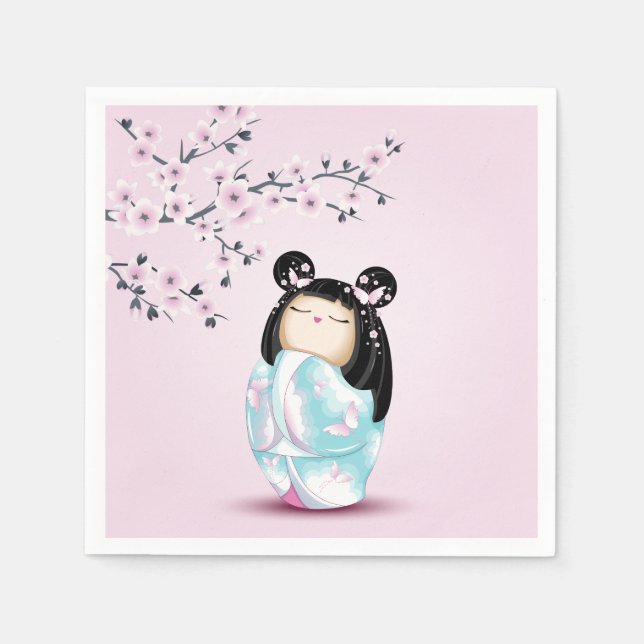 Kokeshi Doll Rosa Turquise Girls Birthday Pappersservett (Framsidan)