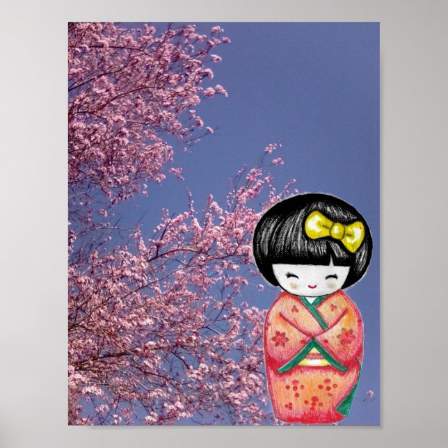 Kokeshi Doll Sakura Cherry Blommars Poster Print (Framsidan)