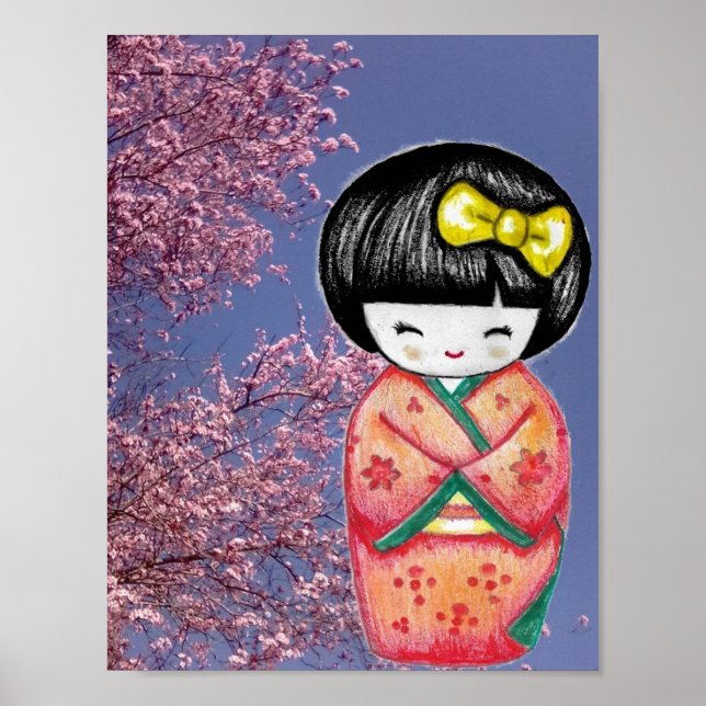 Kokeshi Doll Sakura Cherry Blommars Skriv ut Poste Poster (Framsidan)