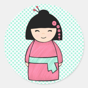 Kokeshi Doll Sticker, Glossy, 3 tum (lakan av 6) Runt Klistermärke