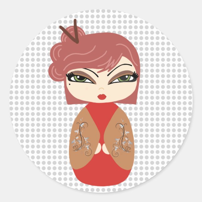 Kokeshi Doll Sticker Runt Klistermärke (Framsida)
