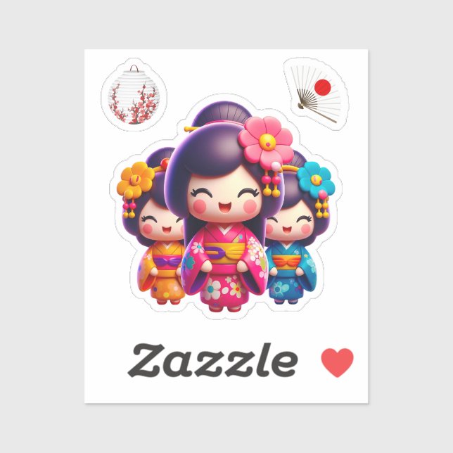 Kokeshi Doll, Tre Lolly Geisha Klistermärken (Ark)