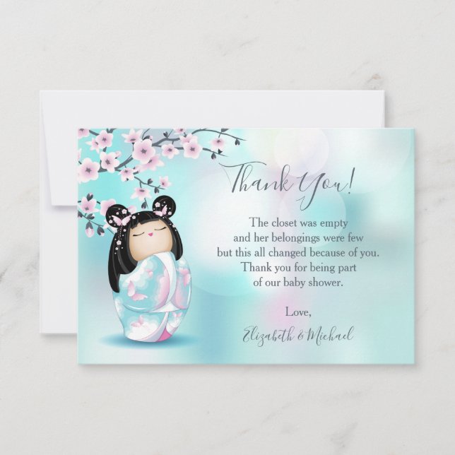 Kokeshi Doll Turkvoise Girl Baby Shower Tack Kort (Framsida)