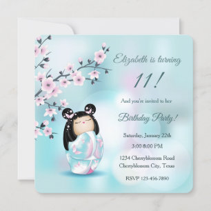 Kokeshi Doll Turkvoise Girl's Birthday Inbjudningar