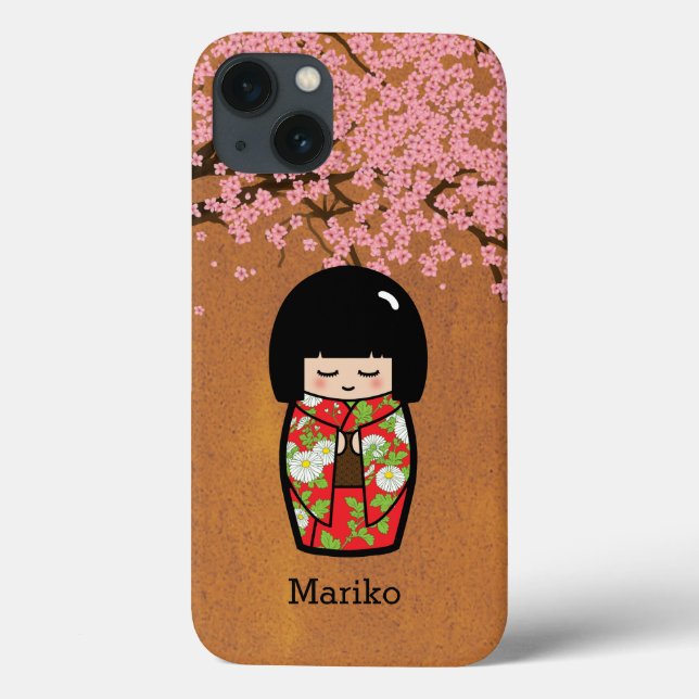 Kokeshi Japansk doll i Red Kimono med Sakura (Baksida)
