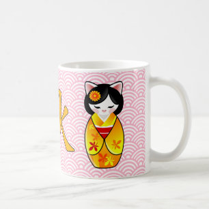 Kokeshi Maneki Neko japansk lycklig katt Maiko Kaffemugg