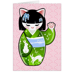 Kokeshi Maneki Neko japansk lycklig katt Maiko OBS Kort