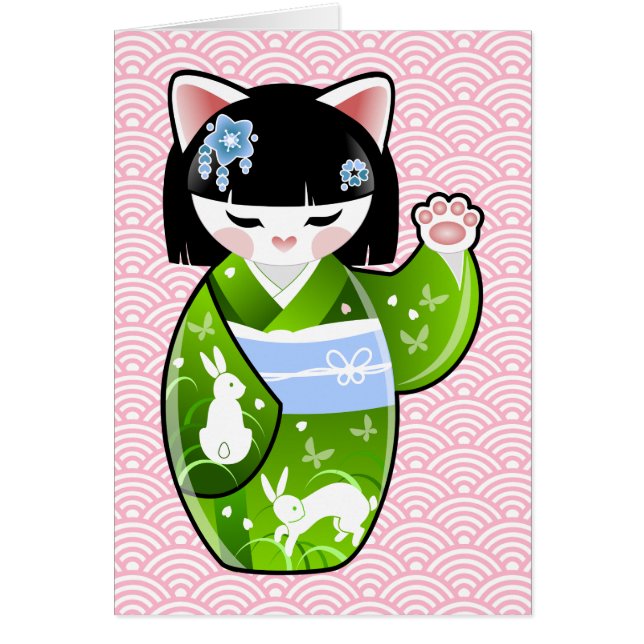 Kokeshi Maneki Neko japansk lycklig katt Maiko OBS Kort (Framsidan)