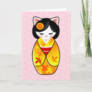 Kokeshi Maneki Neko japanskt lyckligt katttack Tack Kort