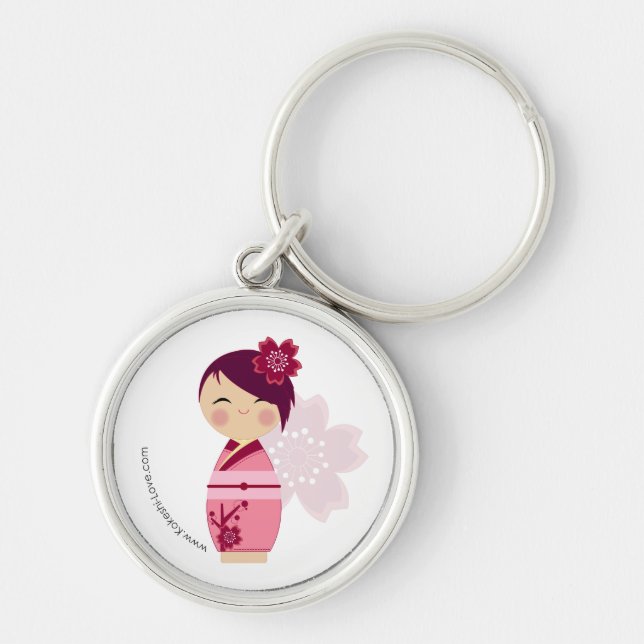 Kokeshi Sakura högvärdiga Keychain Rund Silverfärgad Nyckelring (Framsidan)