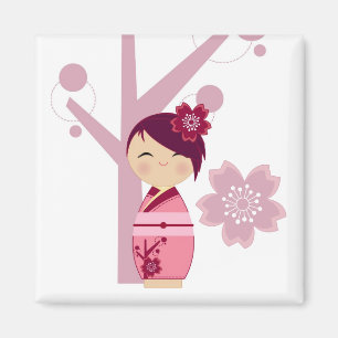 Kokeshi Sakura och körsbärsröd trädmagnet Magnet