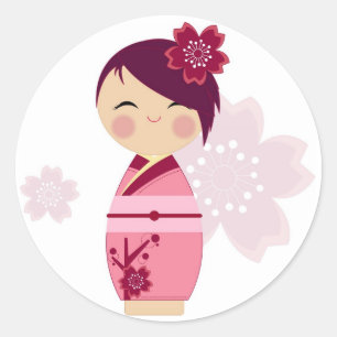 Kokeshi Sakura Sticker Runt Klistermärke