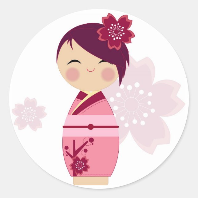 Kokeshi Sakura Sticker Runt Klistermärke (Framsida)