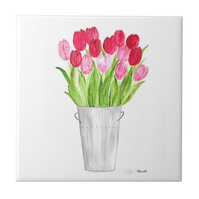 Köket Rustit Rosa Tulips blommigt Vår chic Kakelplatta (Framsidan)