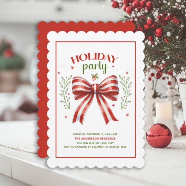 Kokett båge röd grön högtidsfest inbjudningar (Red and white striped bow Holiday party invitation)