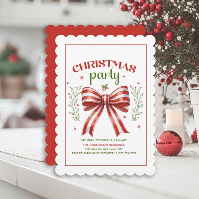 Kokett Bow Röda Vita Krusade Julfest Inbjudningar (Red and white striped bow Christmas party invitation)