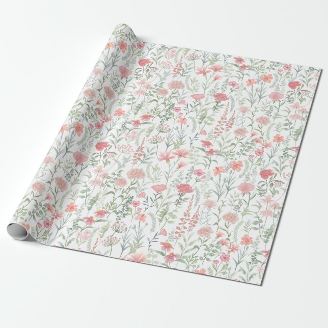 Kokett feminint rosa äng med vilda blommor presentpapper (Utrullad)