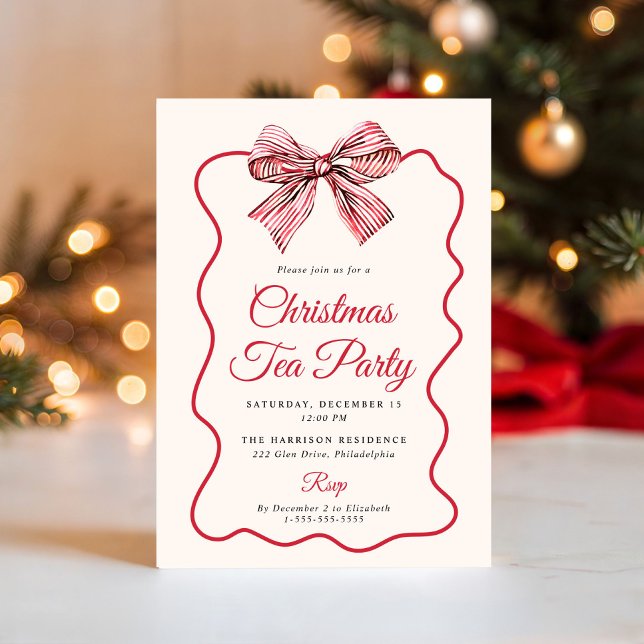 Kokett julte-fest med rosett inbjudningar (Coquette Bow Christmas Tea Party Invitation)