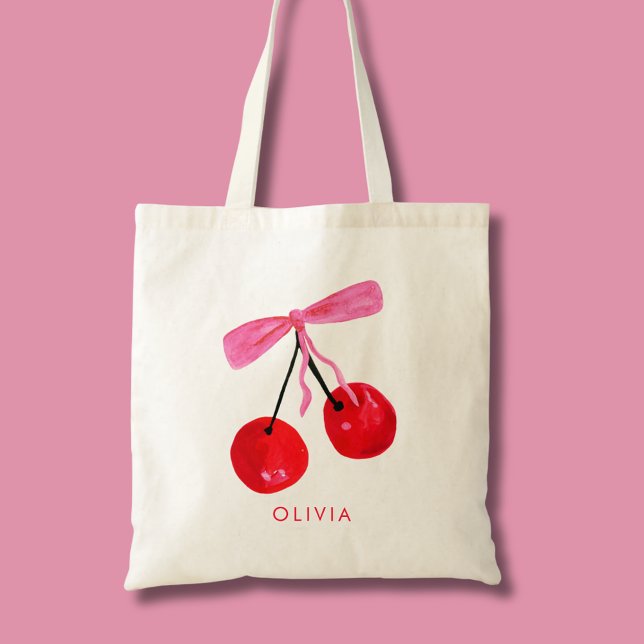 Kokett Körsbär & Slöja Tygkasse (Coquette cherry and bow girly tote bag. Personalize with your own name or initials.)