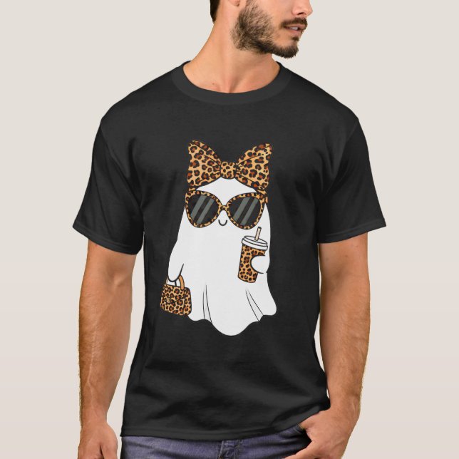 Kokett Leopard Spöke Kaffe Boo Halloween Lyxig T Shirt (Framsida)