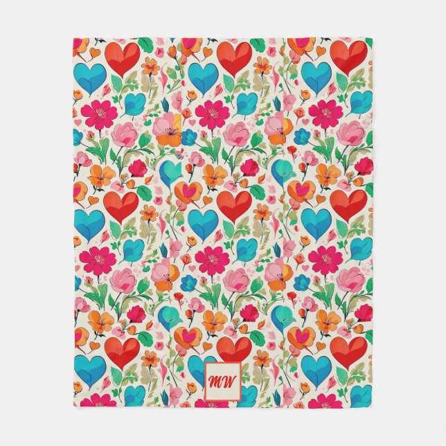Koketterhjärtan och blomstermonogram fleecefilt (Framsidan)