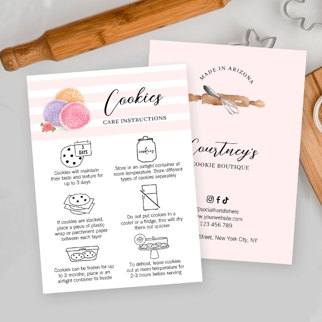 Kokies för  Rosa av kvinnliga vattenfärger Art Coo Visitkort (Elegant cookies care & storage instructions cards with bakery watercolor art and care icons)