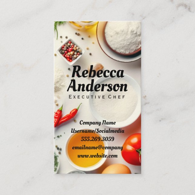 Kokingredienser på Bord i Vita | Chef Visitkort (Framsida)