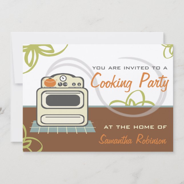 Kokning Party - Retro Stove Brown Orange Blue Inbjudningar (Framsida)