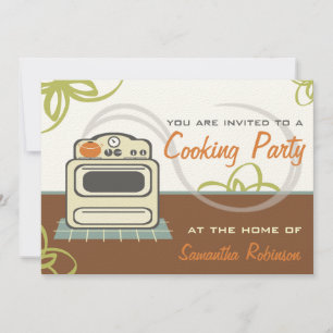 Kokning Party - Retro Stove Brown Orange Blue Inbjudningar