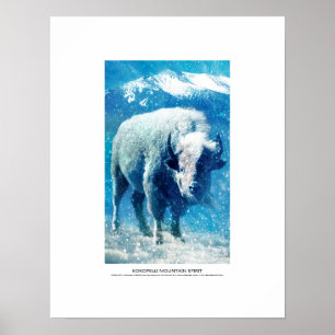 Kokopelli bergande, vitbuffel i snö poster
