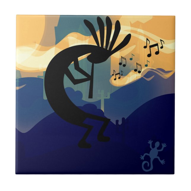 Kokopelli Desert Landcape Teal Music Kakelplatta (Framsidan)