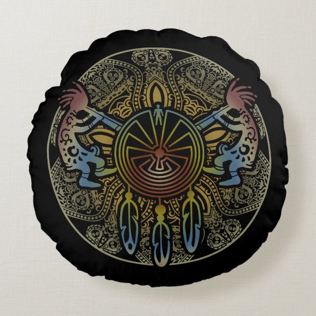 Kokopelli Duo - Man i Maze - Dreamcatcher 1 Rund Kudde (Framsidan)