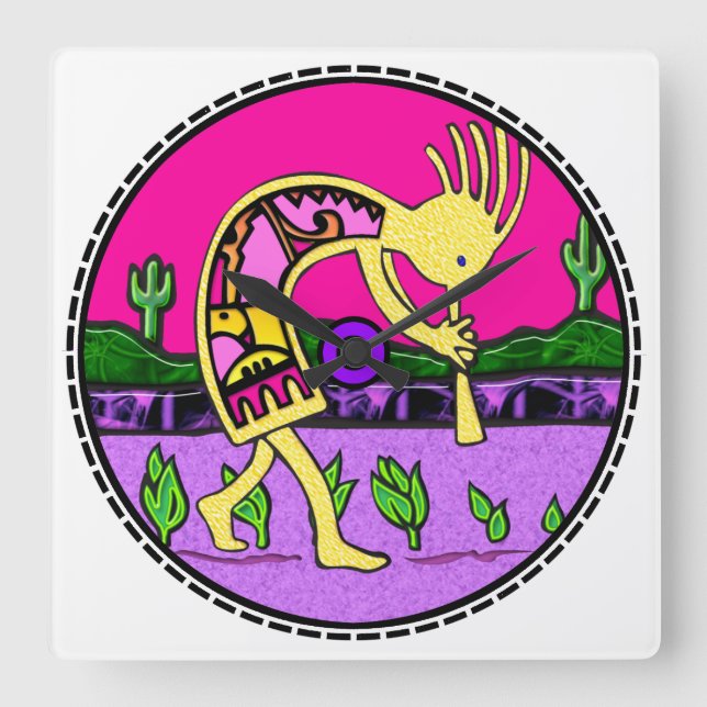Kokopelli Flute Player Southwest Clock Fyrkantig Klocka (Framsida)