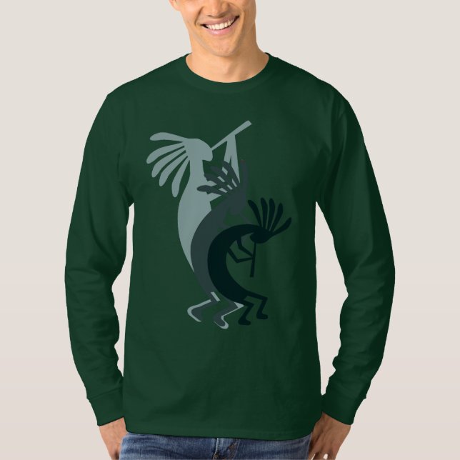Kokopelli Gets Down Music Manar Grönt LS Tshirt Tee Shirt (Framsida)
