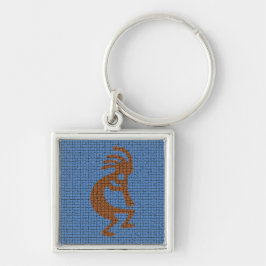Kokopelli med Flute Blue Mosaic Southwest Fyrkantig Silverfärgad Nyckelring
