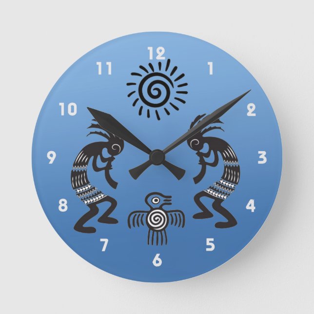 Kokopelli med inhemsk Sol och inhemsk fågelsymbol Rund Klocka (Framsida)