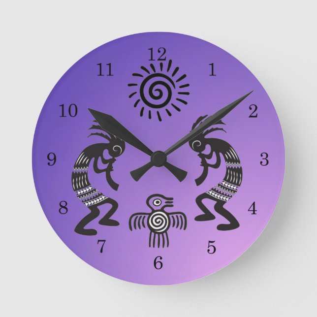 Kokopelli med inhemsk Sol och inhemsk fågelsymbol Rund Klocka (Framsida)