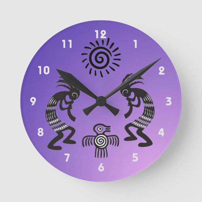 Kokopelli med inhemsk Sol och inhemsk fågelsymbol Rund Klocka (Framsida)